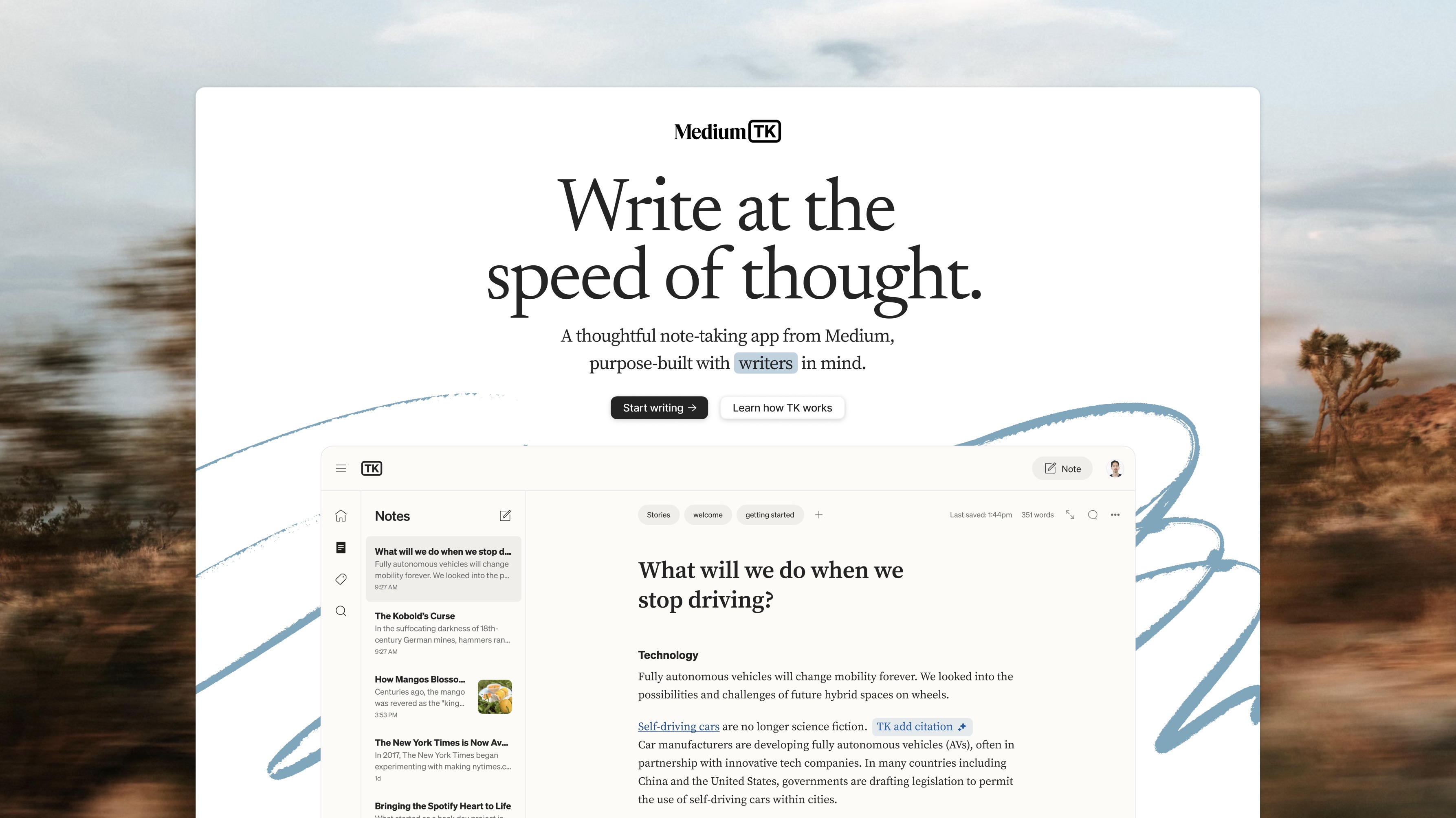 Medium TK writing app hero showing note-taking interface